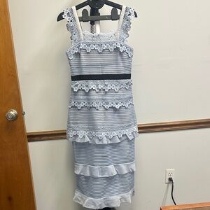 Self-Portrait Sky Blue Lace-Trim Midi Dress with Black Waist